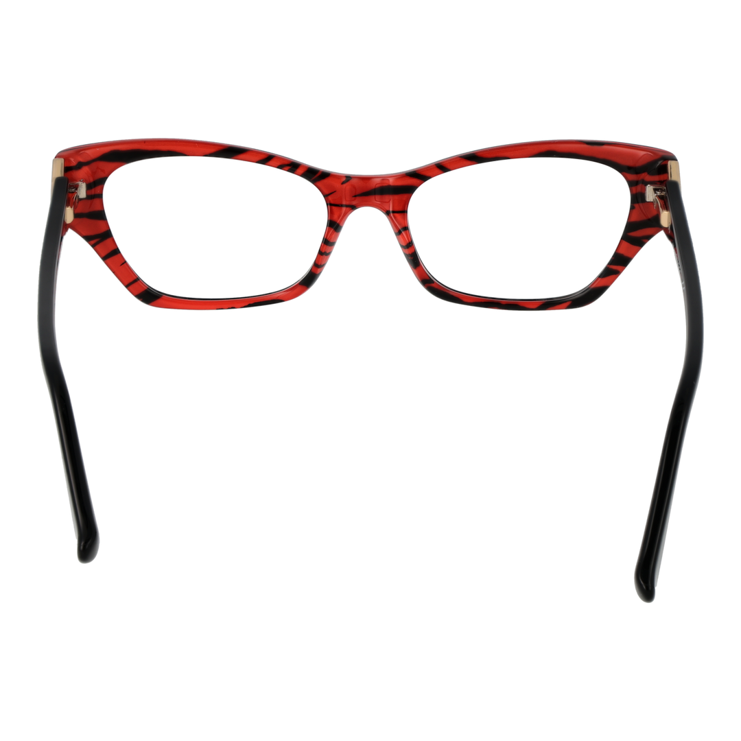 Black and red cat-eye eyeglasses in plastic with gold temples and logo emblem, front three-quarter view