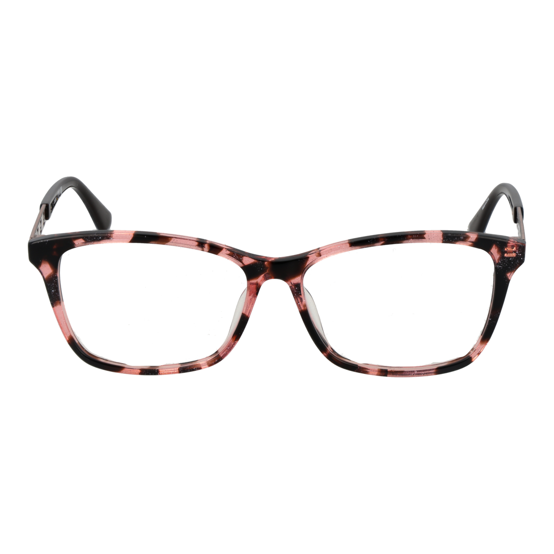 Pink and black tortoiseshell full-rim rectangular eyeglasses with rose-gold metal temple accents displayed front angle
