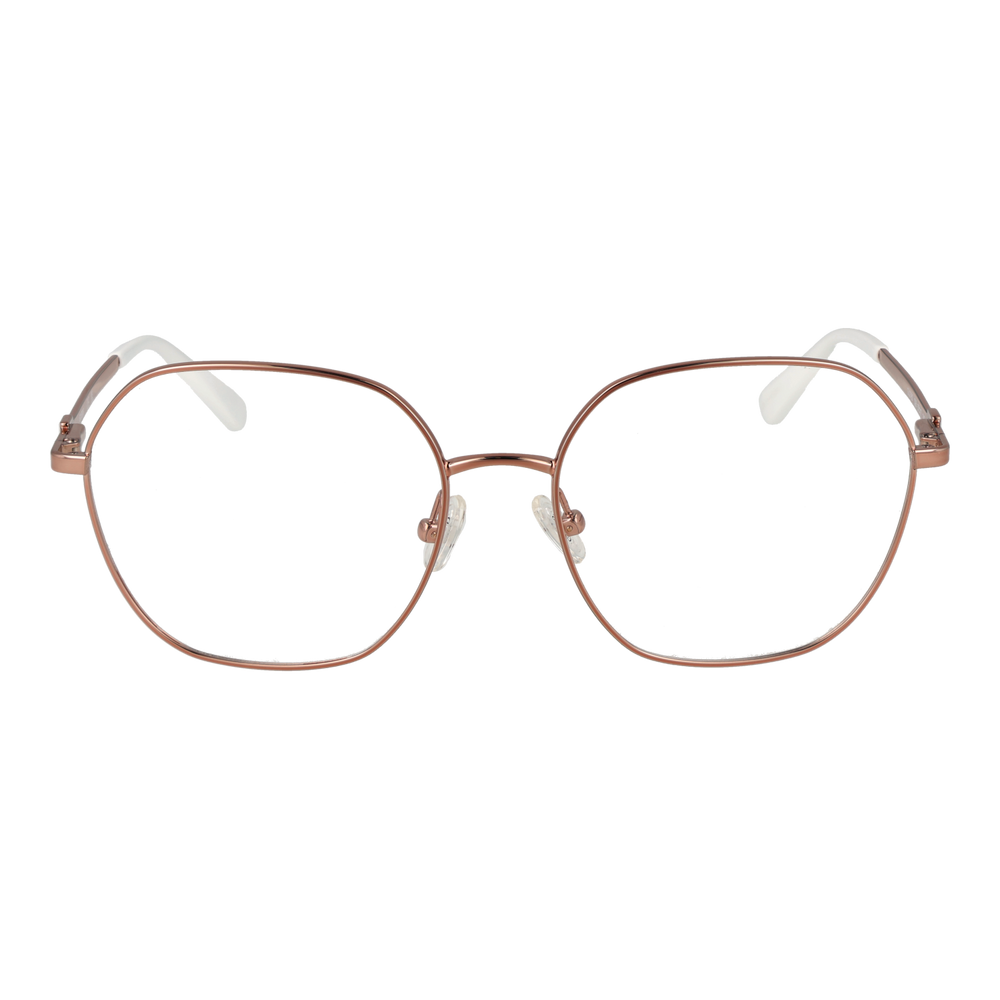 Rose gold hexagonal metal eyeglasses with clear nose pads on white background