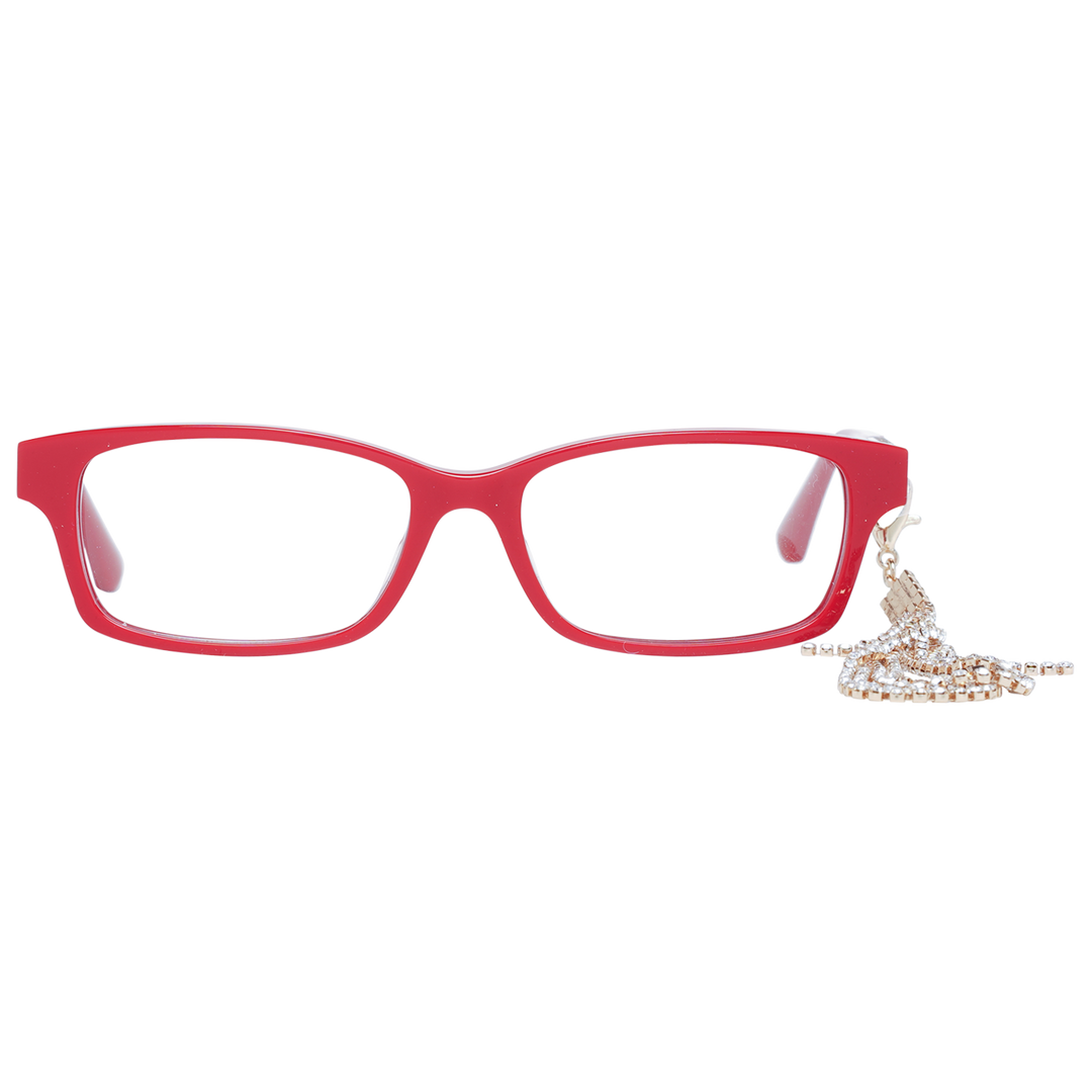 Red full-rim rectangular eyeglasses with gold-tone temple accents and attached rhinestone chain for Women