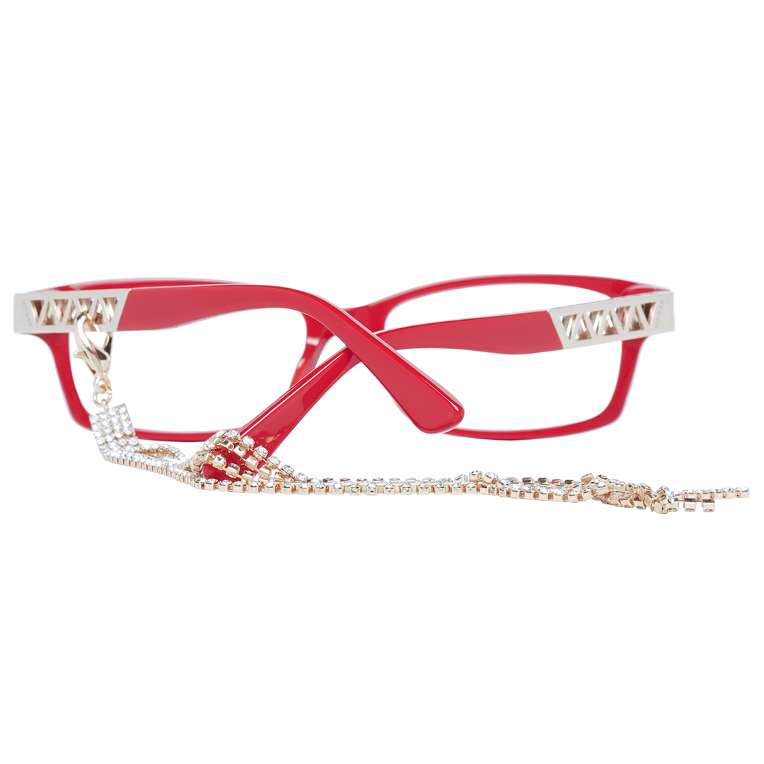 Red full-rim rectangular eyeglasses with gold-tone temple accents and attached rhinestone chain for Women