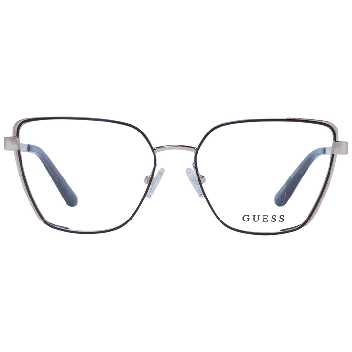 Rose gold and black thin metal square eyeglasses with adjustable nose pads and logo temples on white background