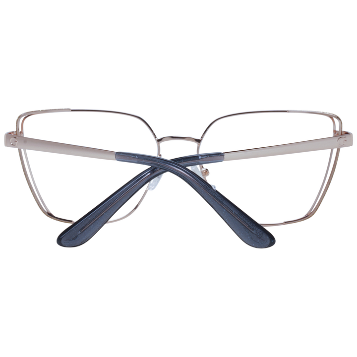 Rose gold and black thin metal square eyeglasses with adjustable nose pads and logo temples on white background