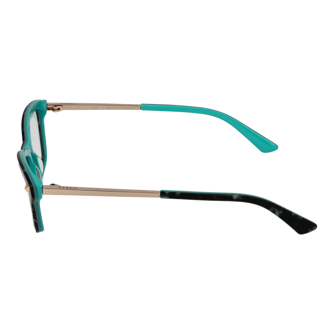 Turquoise and black two-tone rectangular eyeglasses with gold metal temples and triangular corner accents for Women
