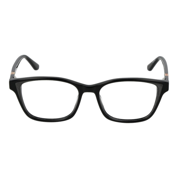Unisex black full-rim rectangular eyeglasses with red triangular detail on temples, modern plastic frame