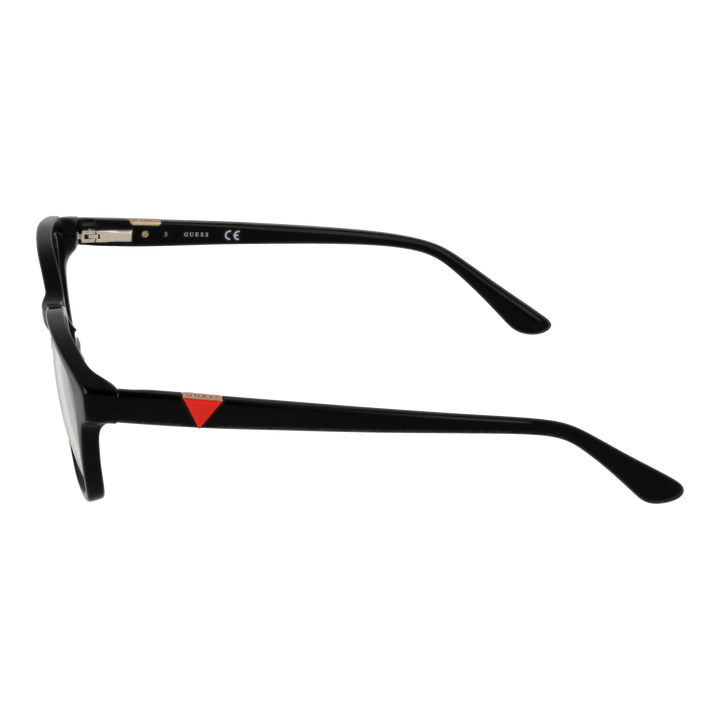 Unisex black full-rim rectangular eyeglasses with red triangular detail on temples, modern plastic frame