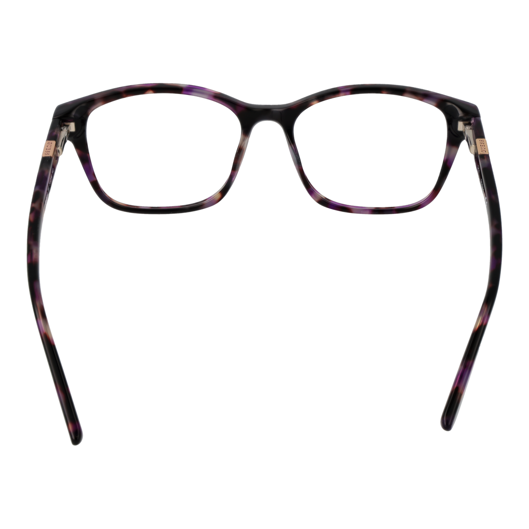 Purple and brown tortoise rectangular eyeglasses with black and white hues and metal temple accents on neutral background