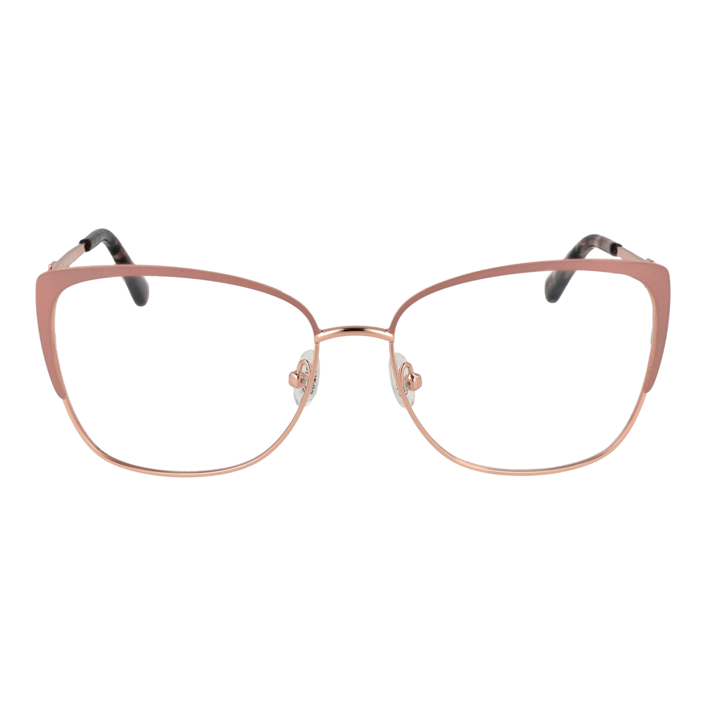 Rose gold metal rectangular eyeglasses with tortoiseshell temple accents on white background, front three-quarter view