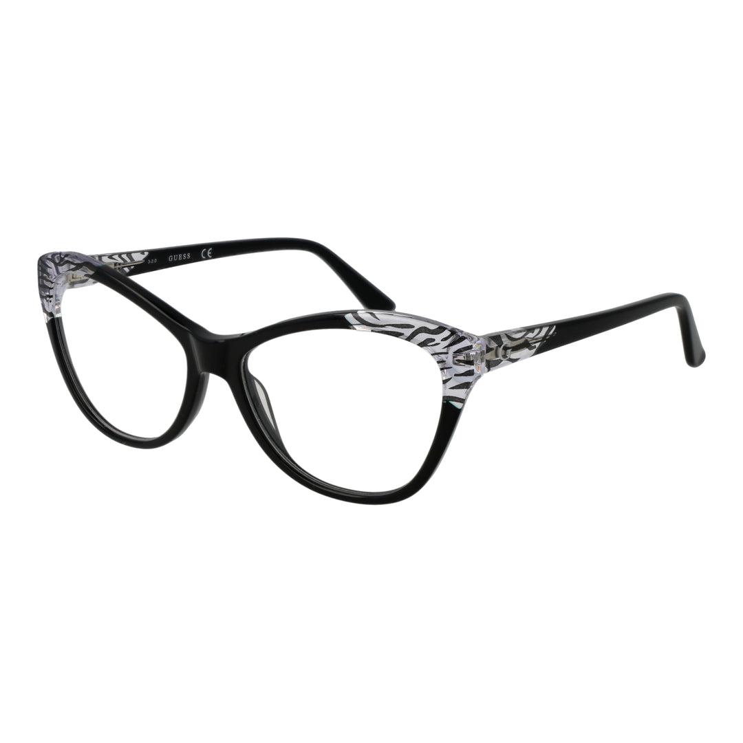 Black and transparent cat-eye eyeglasses with zebra print accents on upper frame for Women, plastic construction