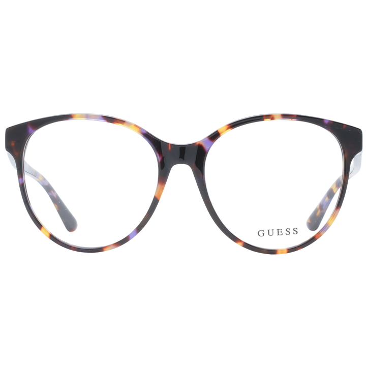 Tortoiseshell round eyeglasses in brown, yellow, and purple tones with full-rim plastic frame and logo temple