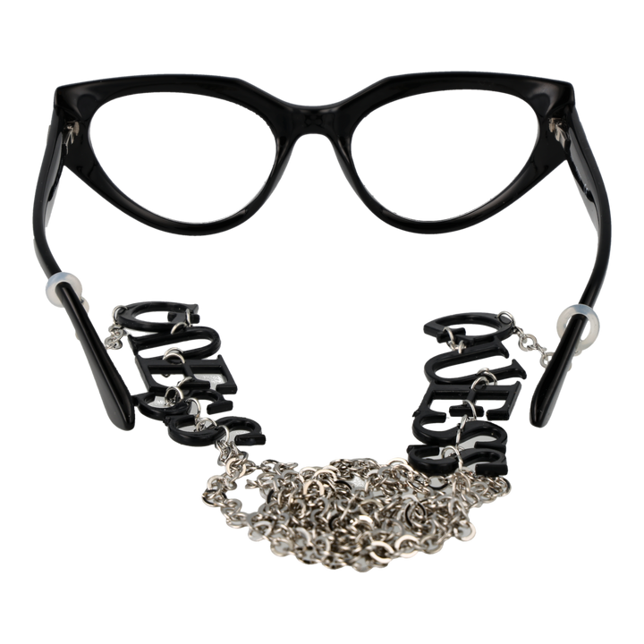 Black cat-eye eyeglasses with plastic frame and metal lettered chain draped against neutral background