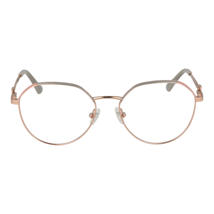 Rose gold thin metal round eyeglasses on beige background, adjustable nose pads, modern minimalist frame