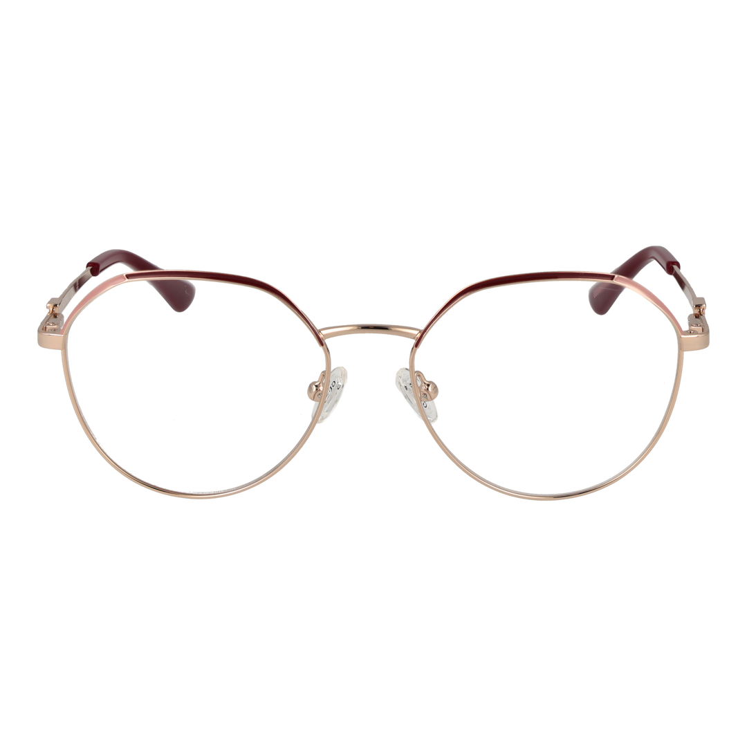 Rose gold thin metal round eyeglasses with burgundy plastic temple tips on white background