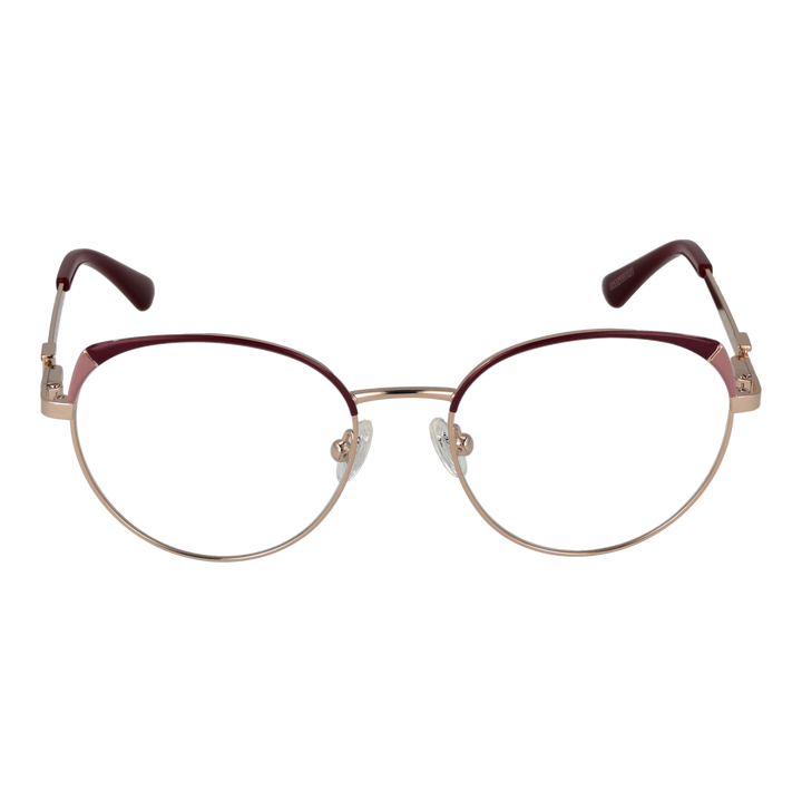 Gold thin metal round eyeglasses with burgundy temple tips and decorative hinge detail, front view