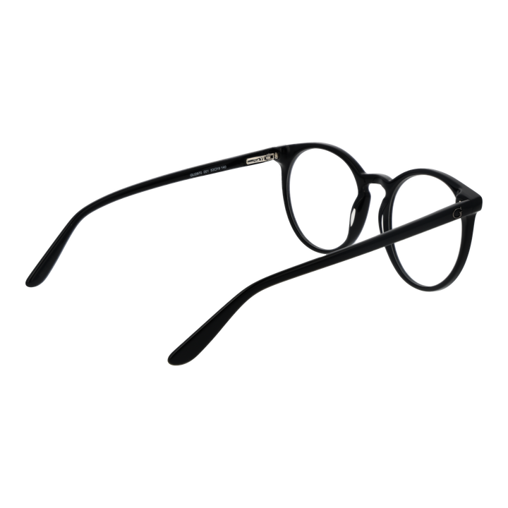 Black plastic full-rim round eyeglasses with integrated nose pads displayed front-facing on white background