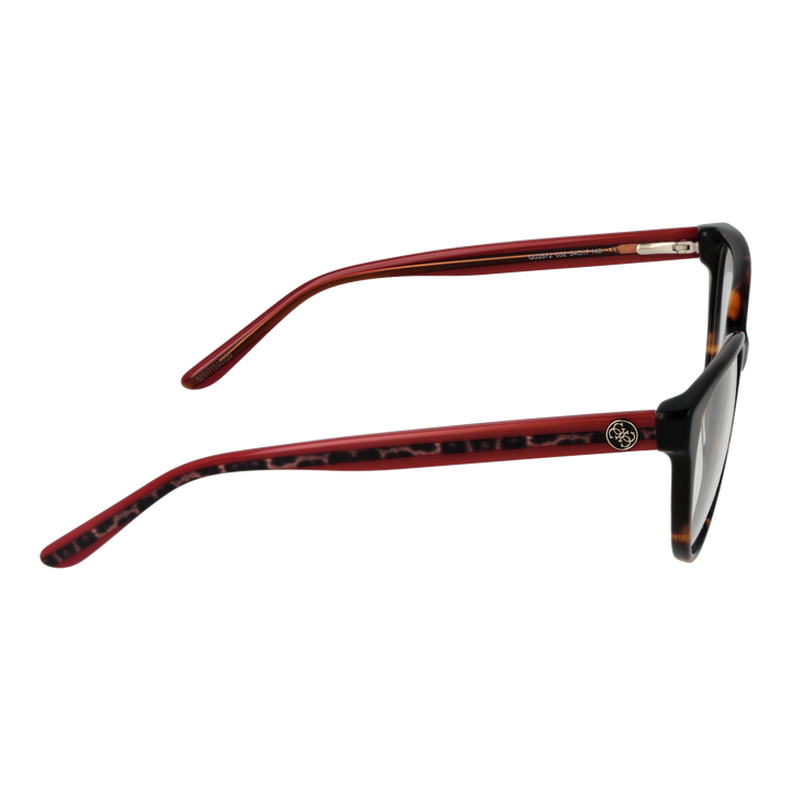 Tortoiseshell cat-eye eyeglasses for Women with red arms and logo emblem on arm, front three-quarter view