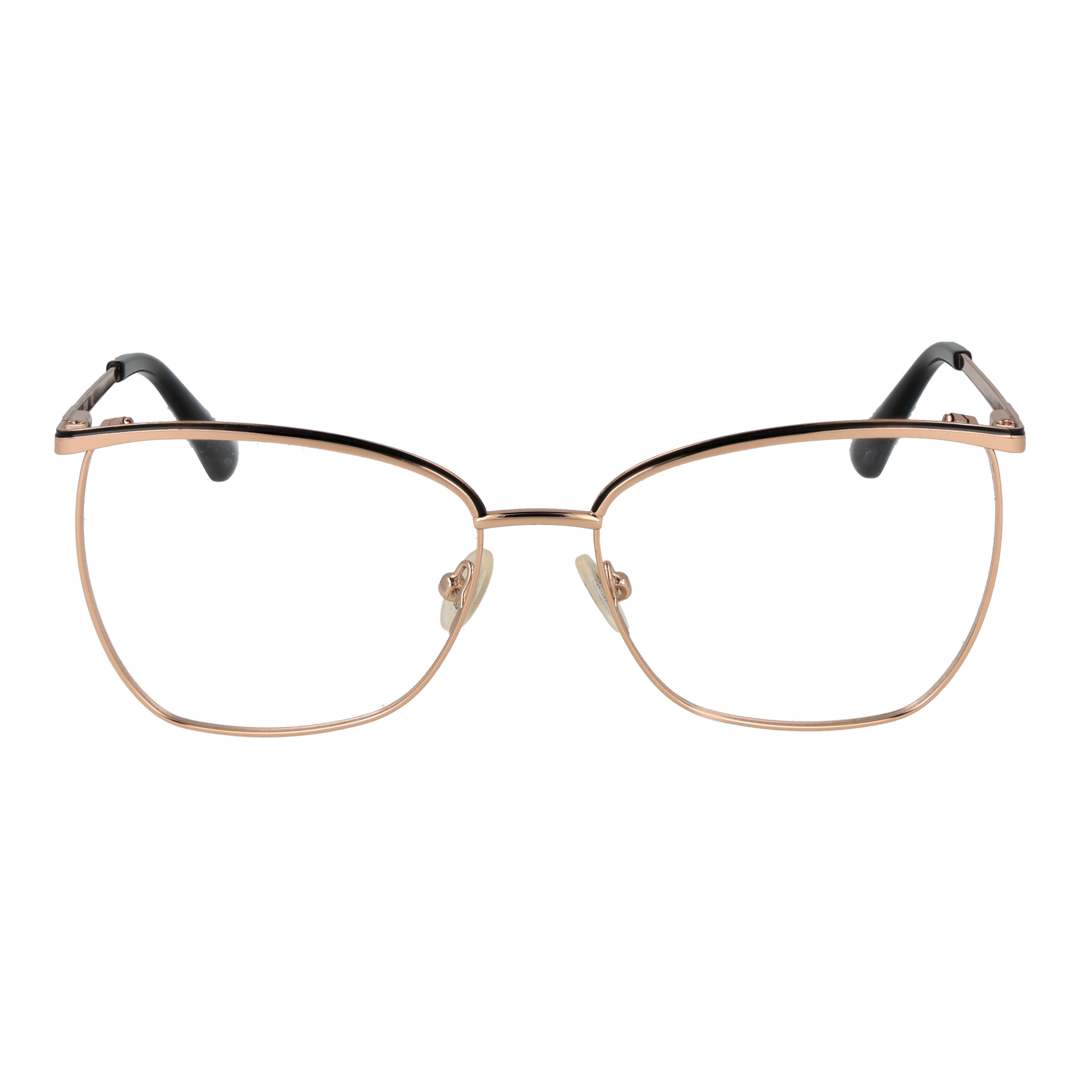 Rose gold metal cat-eye eyeglasses with black accents, thin temples, and clear lenses on white background