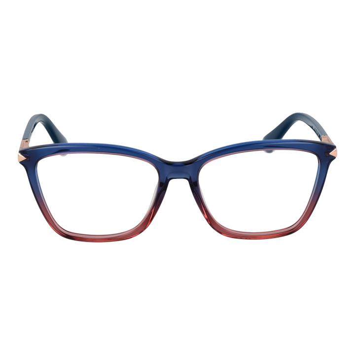 Blue-to-red gradient square eyeglasses with rose-gold metal temples on white background