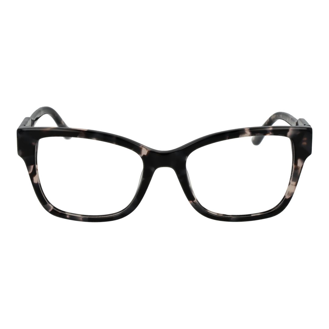 Black and beige tortoiseshell rectangular eyeglasses with thick plastic frame and logo on temple