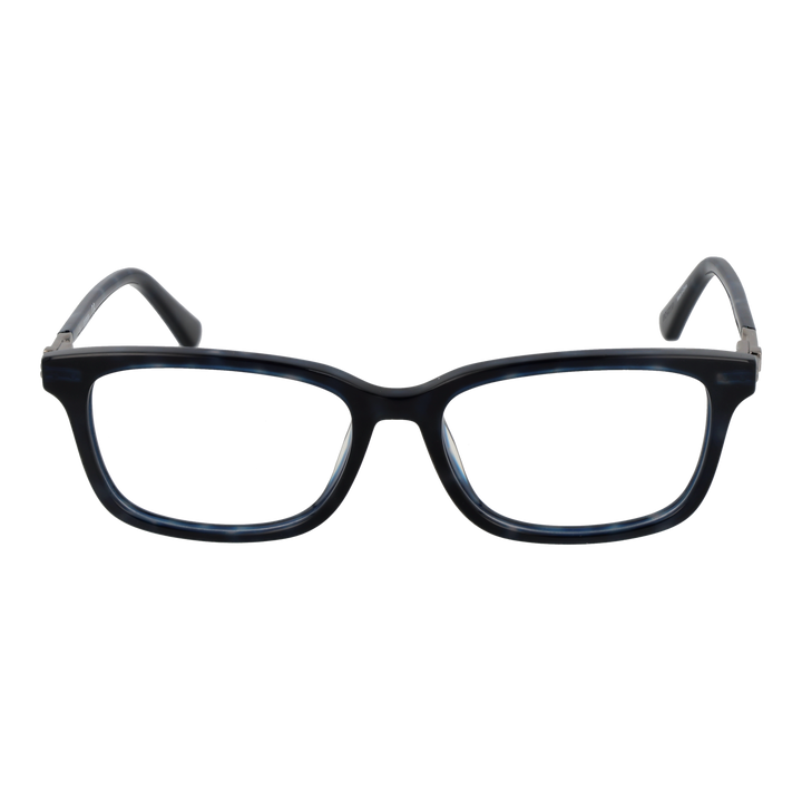 Unisex black rectangular eyeglasses with subtle blue tones, metal hinges and curved temple tips on studio background.