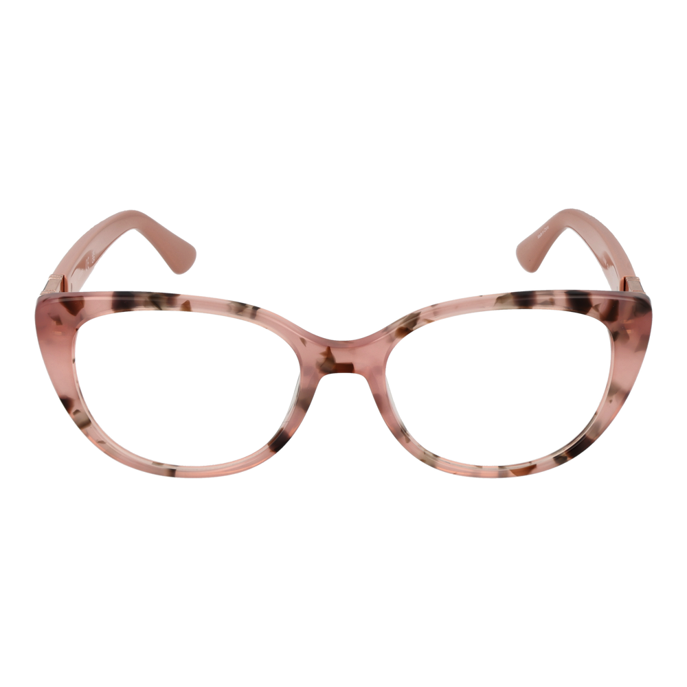 Pink tortoiseshell cat-eye eyeglasses in plastic with decorative metal logos on temples, angled view