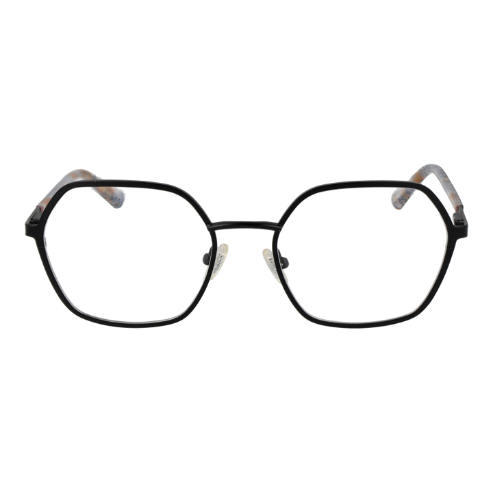 Black metal hexagonal eyeglasses with beige, black, white patterned plastic arms and adjustable nose pads