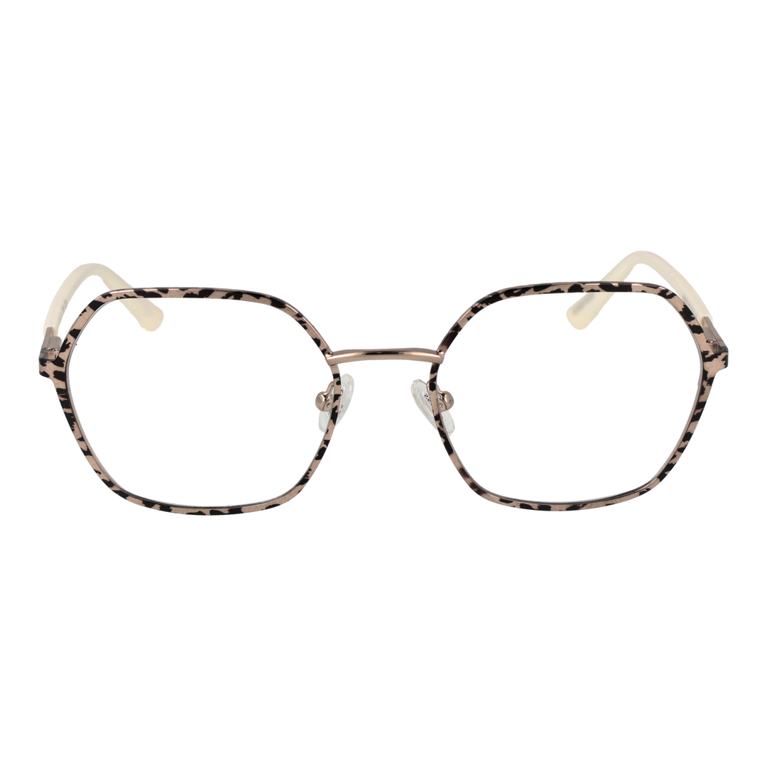 Beige and black tortoise rectangular eyeglasses with metal bridge and clear nose pads on neutral background
