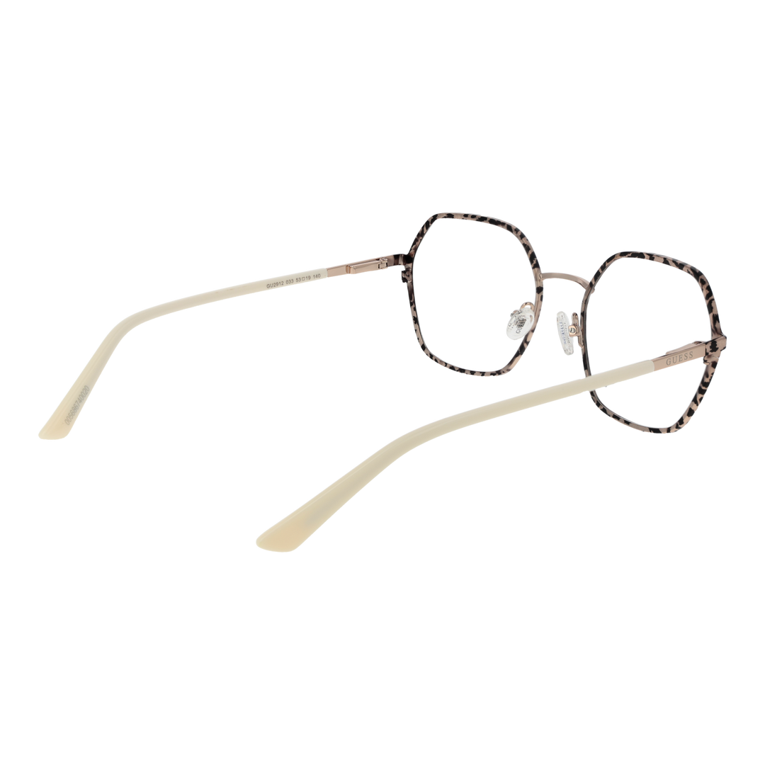 Beige and black tortoise rectangular eyeglasses with metal bridge and clear nose pads on neutral background