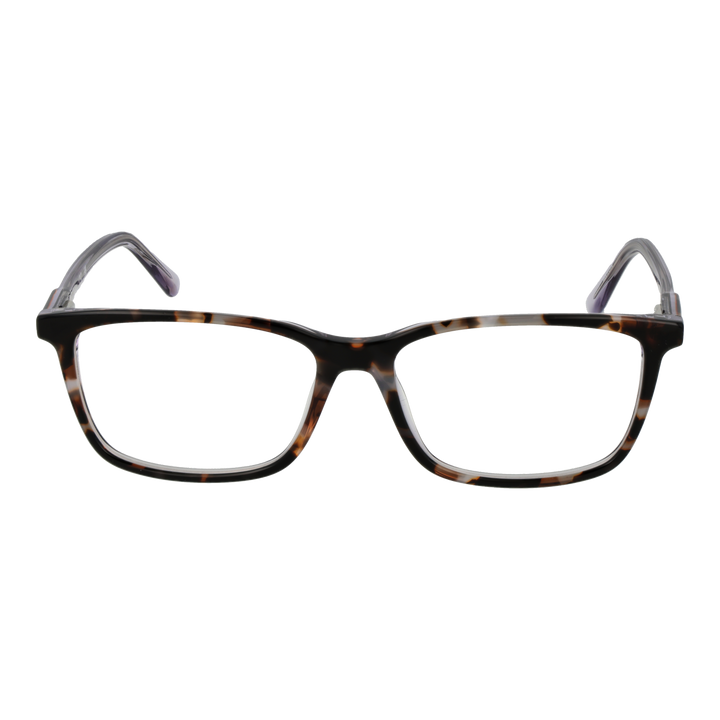 Unisex tortoise plastic rectangular eyeglasses with transparent purple arms and brand plaque on arm