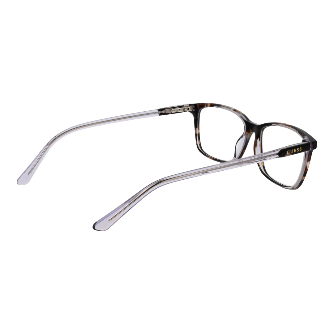 Unisex tortoise plastic rectangular eyeglasses with transparent purple arms and brand plaque on arm