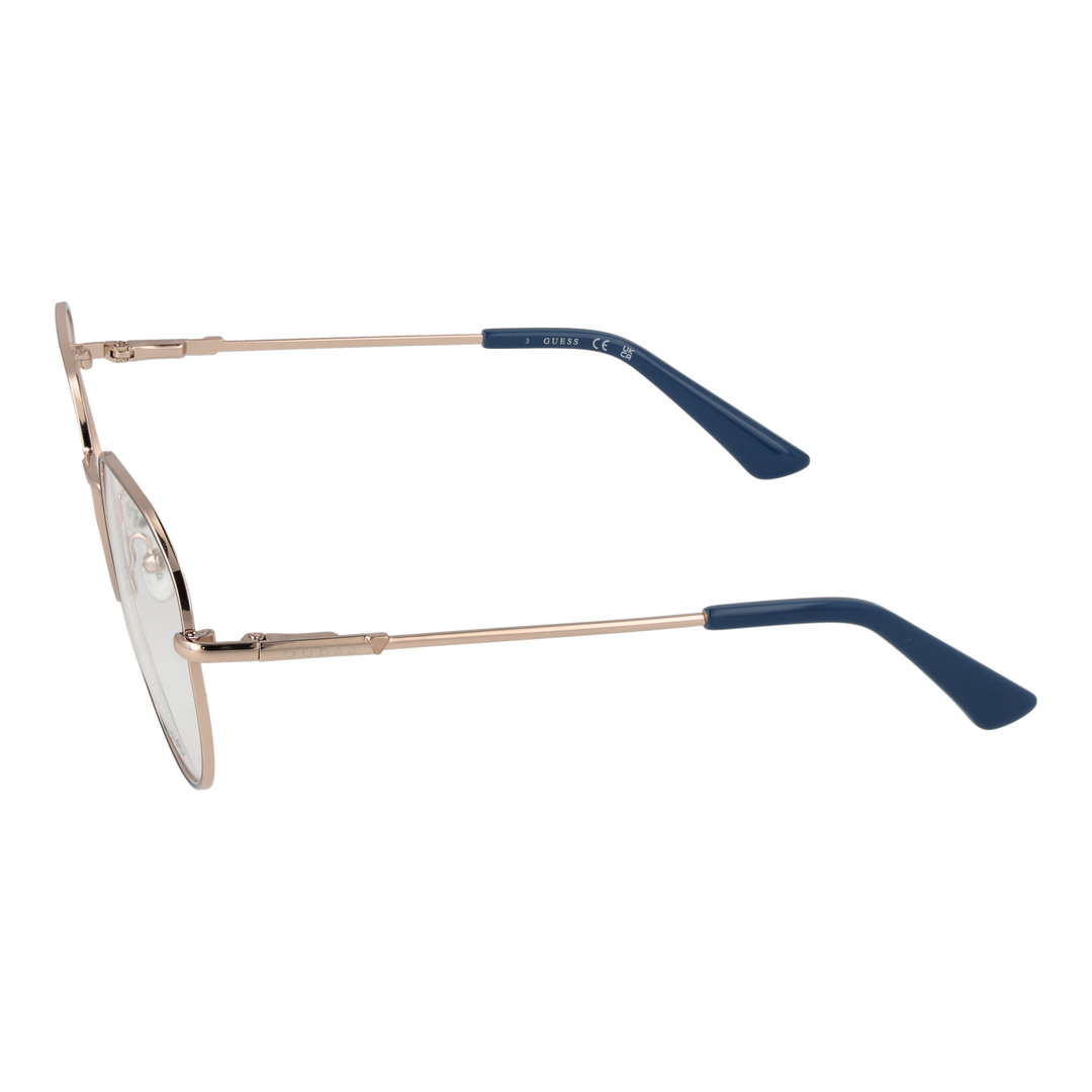 Rose gold metal eyeglasses with rounded square lenses and navy accents on thin temples, Unisex frame