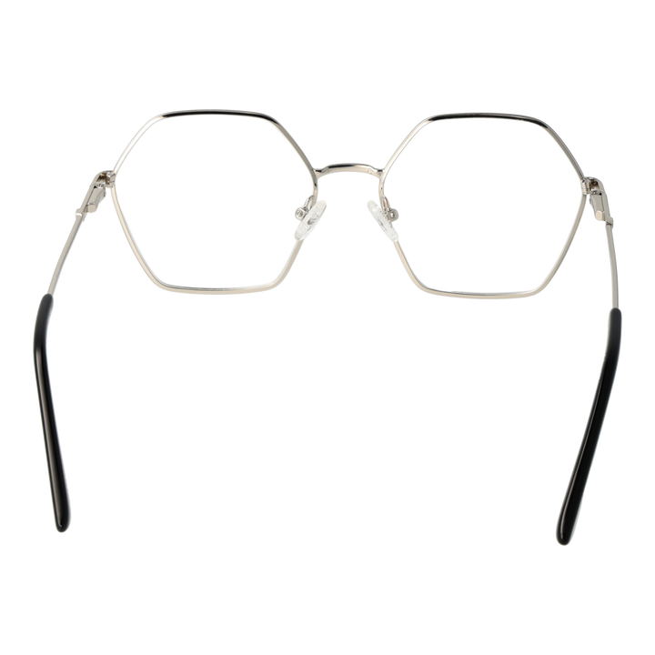 Unisex silver hexagonal metal eyeglasses with thin temples and black temple tips on white background