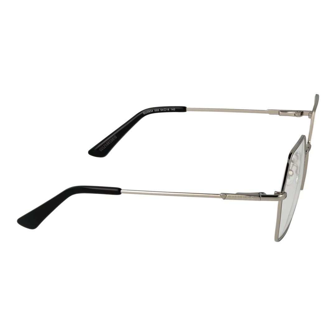 Unisex silver hexagonal metal eyeglasses with thin temples and black temple tips on white background