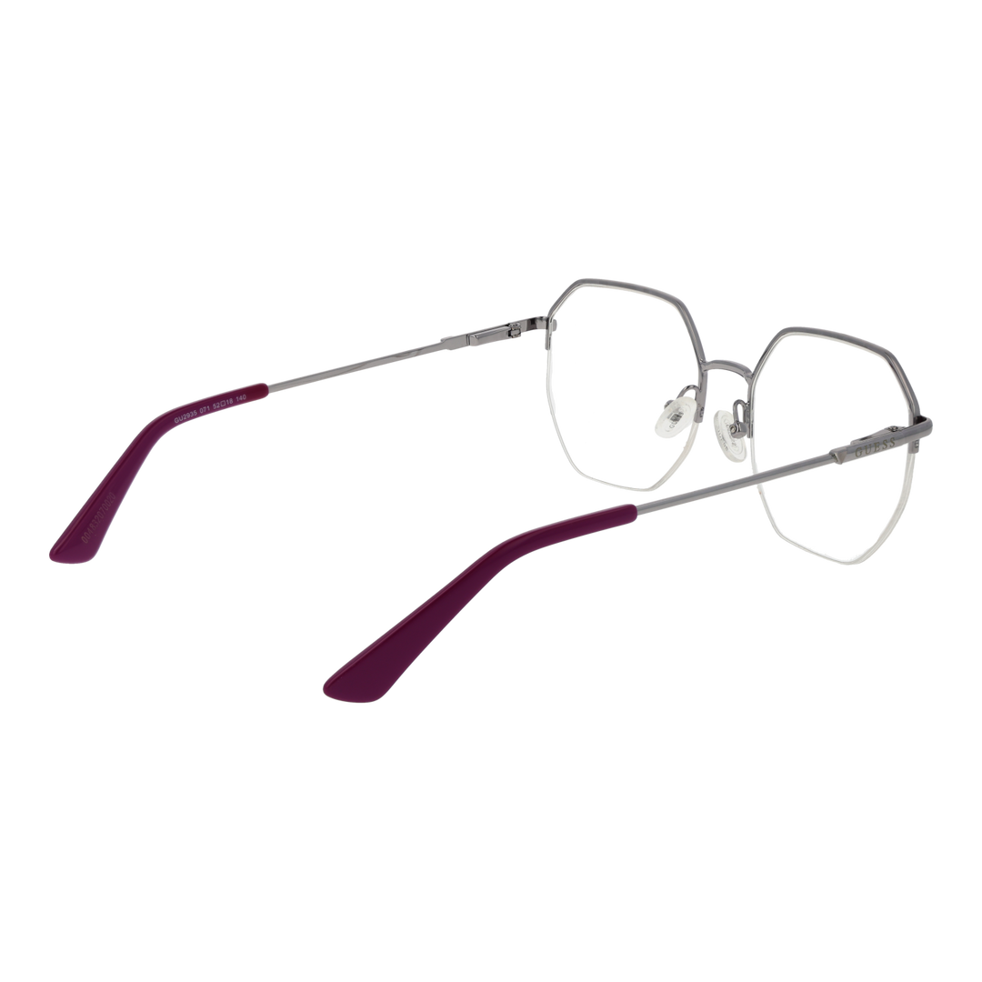 Unisex silver octagonal eyeglasses with purple accents, thin metal temples and plastic temple tips, front three-quarter view