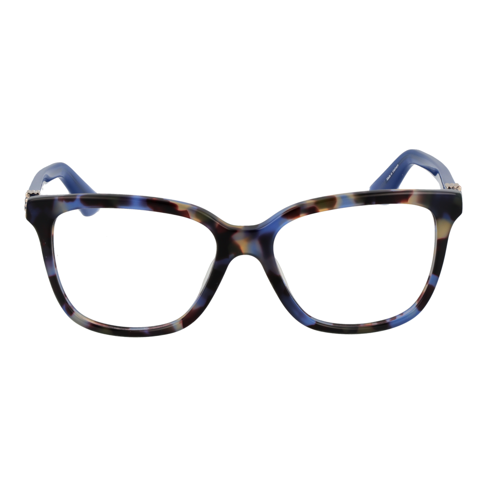 Blue and tortoise patterned square eyeglasses with solid blue temples and metal logo detail