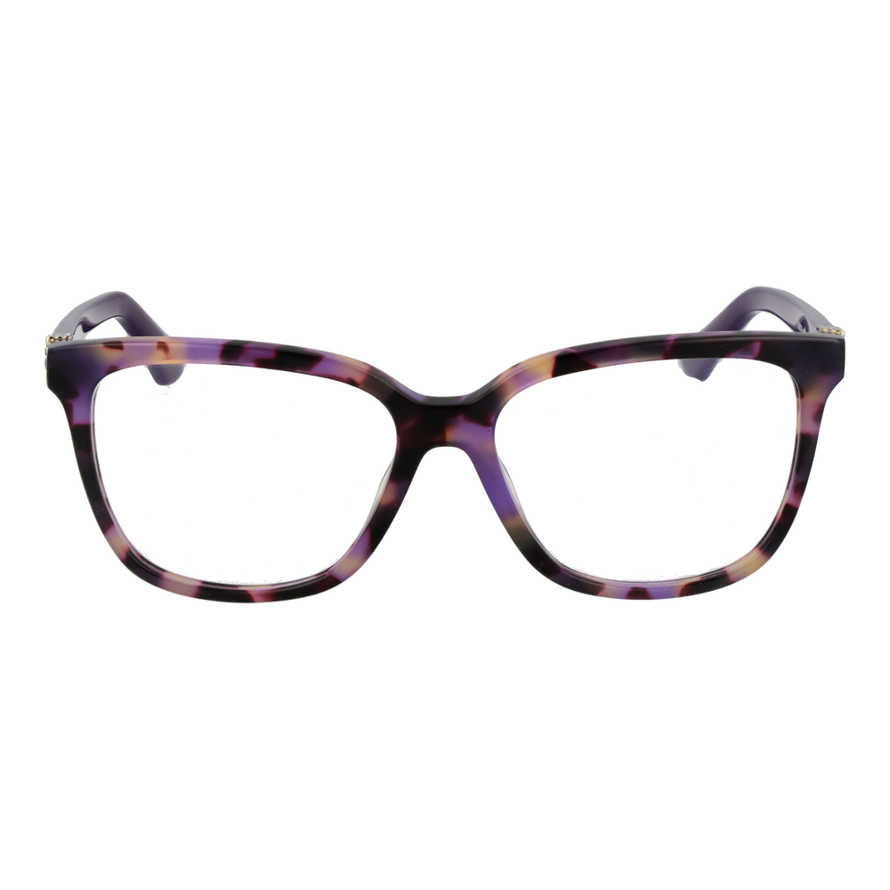 Front and three-quarter view of tortoiseshell square eyeglasses with metal logo temples in purple, black, pink tones