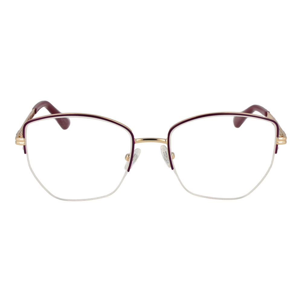 Gold thin metal rectangular eyeglasses with adjustable nose pads and burgundy temple accents for Women