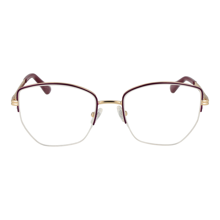 Gold thin metal rectangular eyeglasses with adjustable nose pads and burgundy temple accents for Women