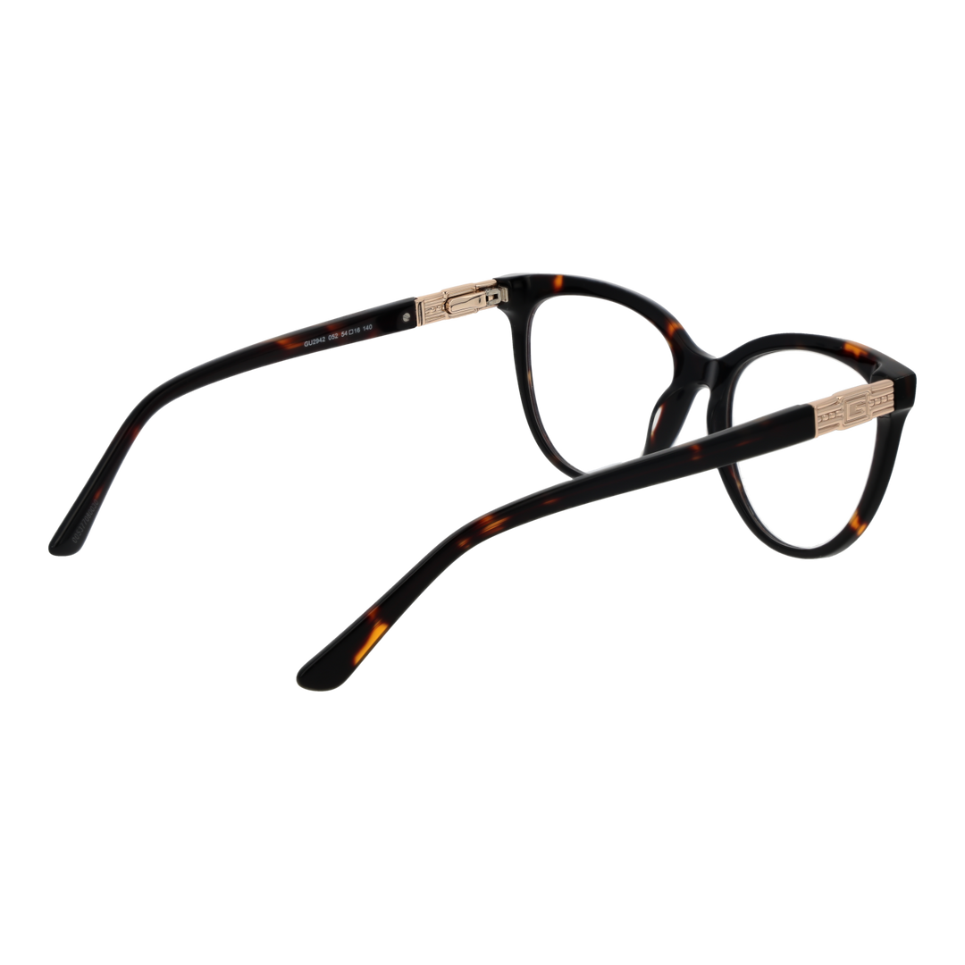 Black tortoiseshell cat-eye eyeglasses for Women with gold temple emblem, plastic frame and metal accents
