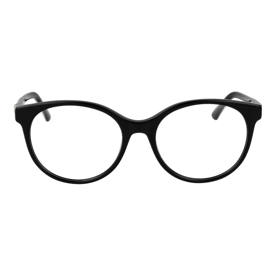 Black round full-rim eyeglasses with leopard-print temples and logo detail, modern fashionable Women’s frame