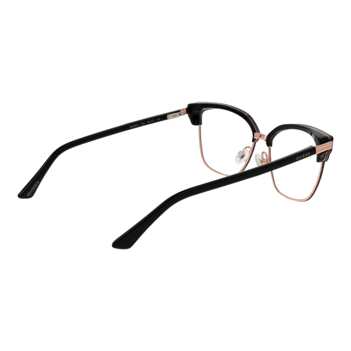 Black metal cat-eye eyeglasses with rose gold accents and plastic temple tips on neutral background