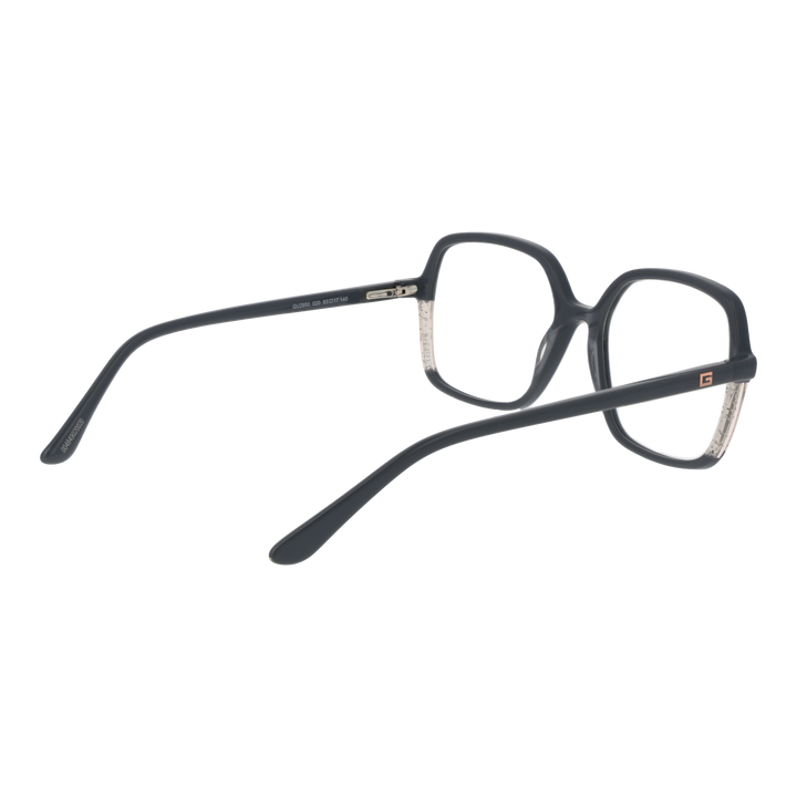 Black eyeglasses with transparent beige accents, square lenses, and logo on temple, modern two-tone plastic frame