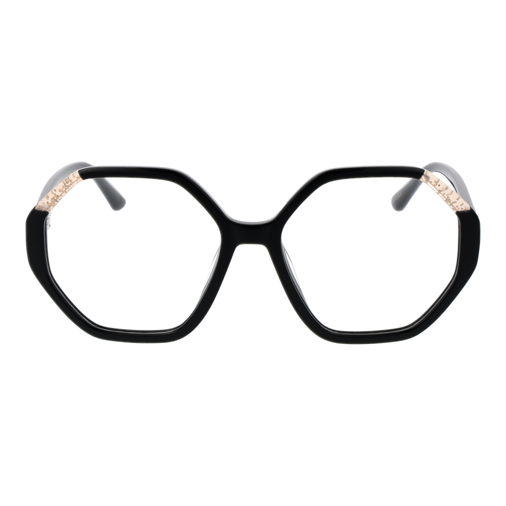 Black hexagonal eyeglasses with gold corner accents and small gold 'G' logo on temple over clear lenses