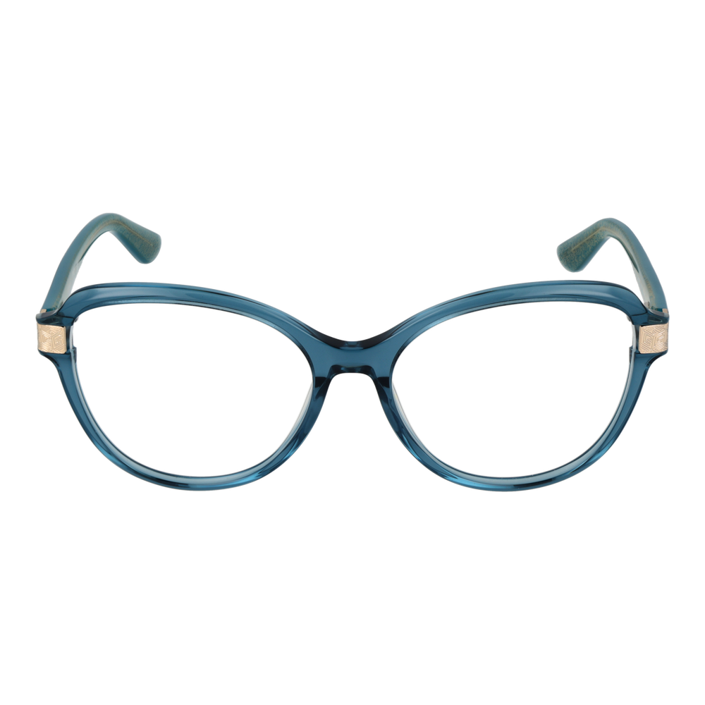 Blue round plastic eyeglasses for Women with gold hinge detail and patterned inner arms