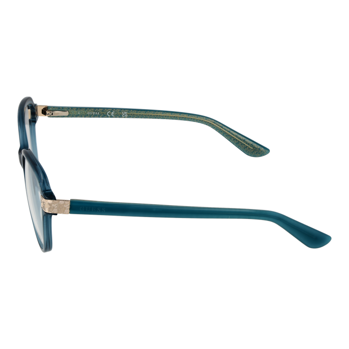 Blue round plastic eyeglasses for Women with gold hinge detail and patterned inner arms