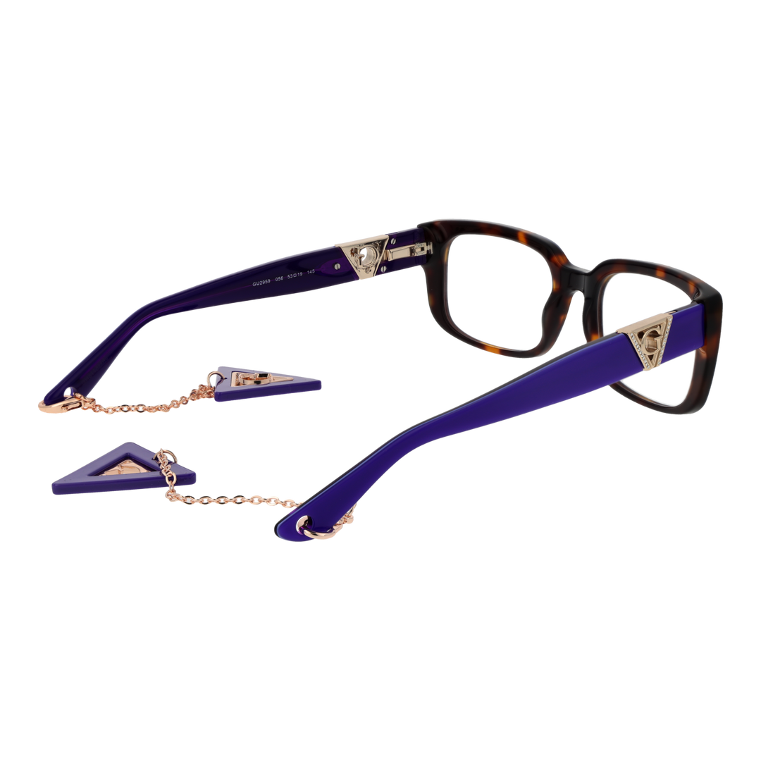 Tortoise brown square eyeglasses with gold triangle logos and decorative metal chain on temples