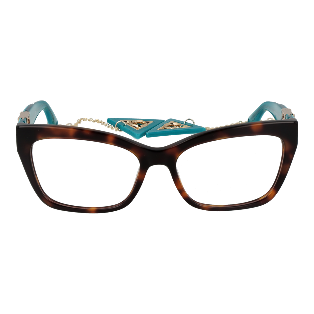 Tortoise brown and teal cat‑eye eyeglasses with gold chain and triangular logo accents on plastic frame