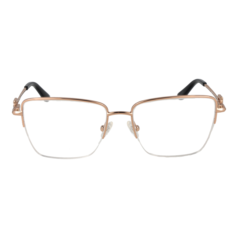 Rose gold and black metal rectangular eyeglasses with decorative hinge and adjustable nose pads on white background