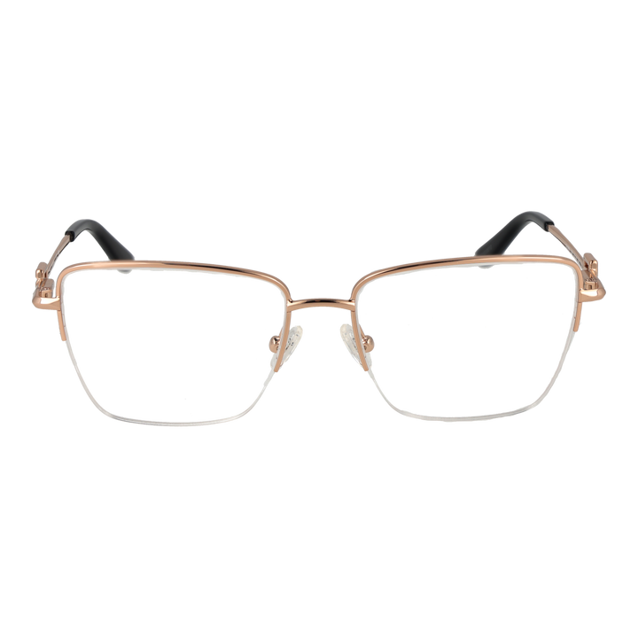 Rose gold and black metal rectangular eyeglasses with decorative hinge and adjustable nose pads on white background