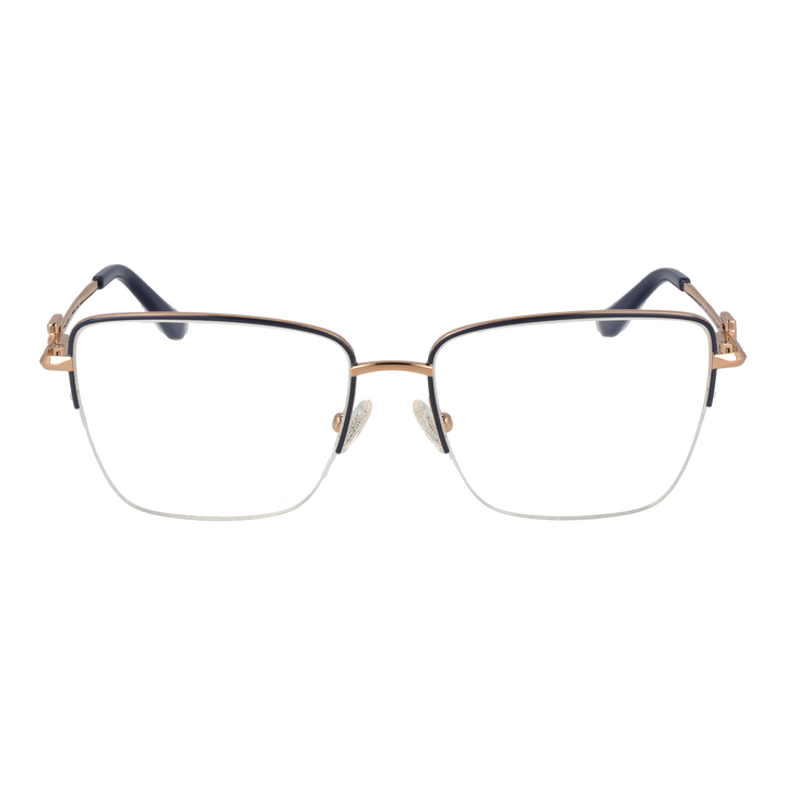 Unisex gold thin metal rectangular eyeglasses with clear lenses and decorative hinge, shown front angle on white background